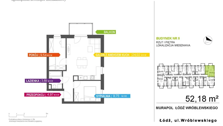 Rzut - Mieszkanie na sprzedaż 3 pokoje o powierzchni 52,18 m² - numer 5A.1.9 w Murapol Nowa Przędzalnia