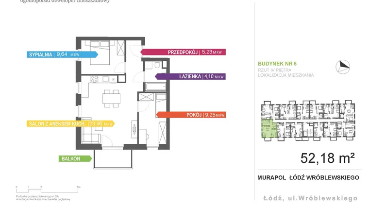Rzut - Mieszkanie na sprzedaż 3 pokoje o powierzchni 52,18 m² - numer 5A.4.3 w Murapol Nowa Przędzalnia