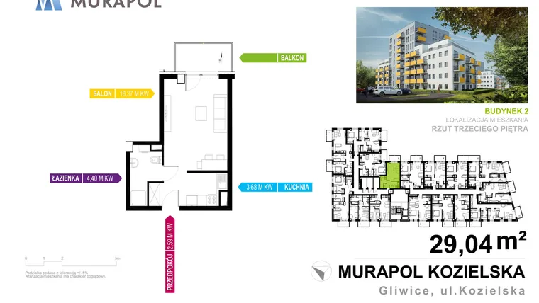 Rzut - Mieszkanie na sprzedaż 1 pokój o powierzchni 29,04 m² - numer 2.3.7 w Murapol Osiedle Parkowe