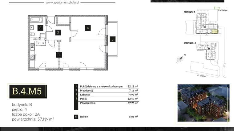 Rzut - Mieszkanie na sprzedaż 2 pokoje o powierzchni 57,76 m² - numer B4.M5 w Halo Apartamenty