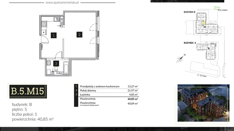 Rzut - Mieszkanie na sprzedaż 1 pokój o powierzchni 40,85 m² - numer B5.M15 w Halo Apartamenty