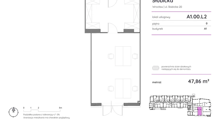Rzut - Lokal użytkowy na sprzedaż 1 pokój o powierzchni 47,86 m² - numer A1.00.L2 w Murapol Apartamenty Słubicka