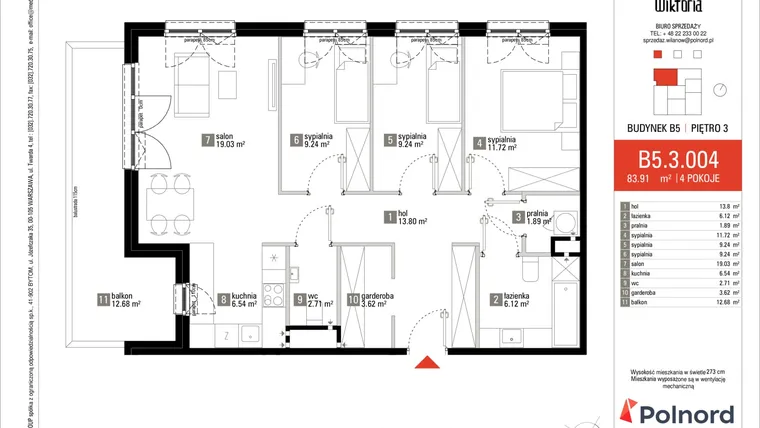 Rzut - Mieszkanie na sprzedaż 4 pokoje o powierzchni 83,55 m² - numer B5.3.004 w Wioletta i Wiktoria