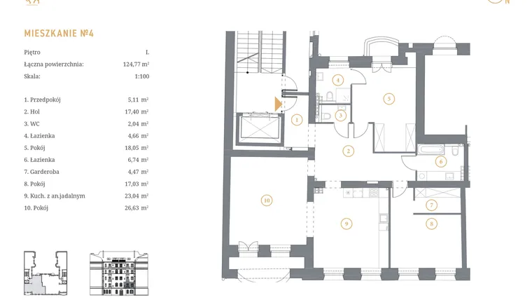 Rzut - Mieszkanie na sprzedaż 4 pokoje o powierzchni 124,77 m² - numer 4 w Dworcowa 67