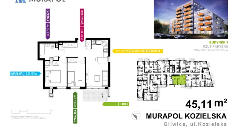 Rzut - Mieszkanie na sprzedaż 3 pokoje o powierzchni 45,11 m² - numer 3.0.8 w Murapol Osiedle Parkowe