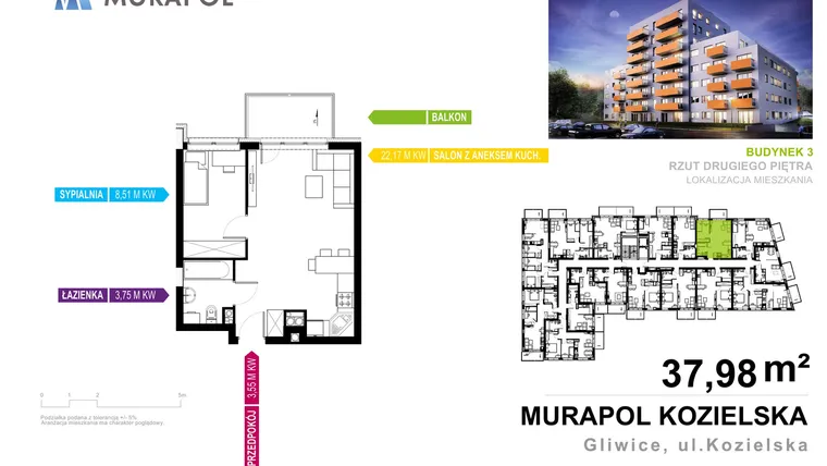 Rzut - Mieszkanie na sprzedaż 2 pokoje o powierzchni 37,98 m² - numer 3.2.3 w Murapol Osiedle Parkowe