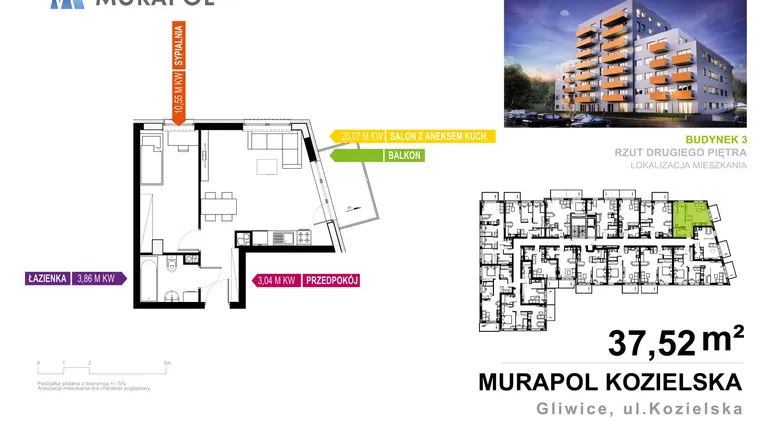 Rzut - Mieszkanie na sprzedaż 2 pokoje o powierzchni 37,52 m² - numer 3.2.4 w Murapol Osiedle Parkowe