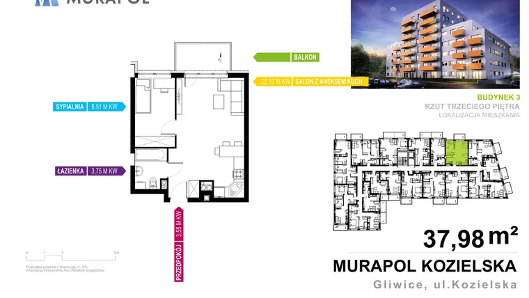 Rzut - Mieszkanie na sprzedaż 2 pokoje o powierzchni 37,98 m² - numer 3.3.3 w Murapol Osiedle Parkowe