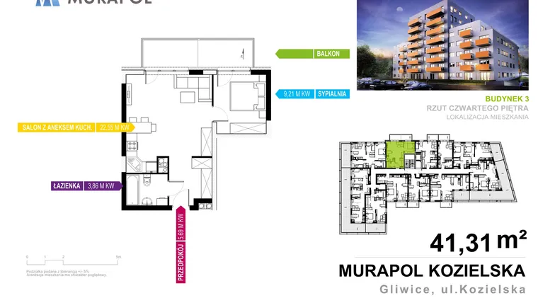Rzut - Mieszkanie na sprzedaż 2 pokoje o powierzchni 41,31 m² - numer 3.4.11 w Murapol Osiedle Parkowe