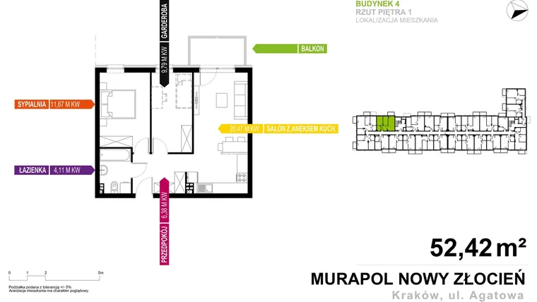 Rzut - Mieszkanie na sprzedaż 2 pokoje o powierzchni 52,42 m² - numer 4.B.1.11 w Murapol Nowy Złocień