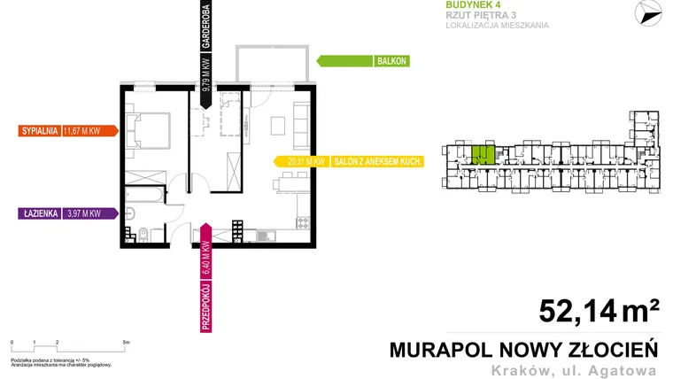 Rzut - Mieszkanie na sprzedaż 2 pokoje o powierzchni 52,14 m² - numer 4.B.3.11 w Murapol Nowy Złocień