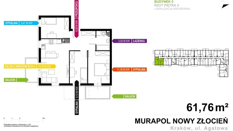 Rzut - Mieszkanie na sprzedaż 4 pokoje o powierzchni 61,76 m² - numer 5.B.4.02 w Murapol Nowy Złocień