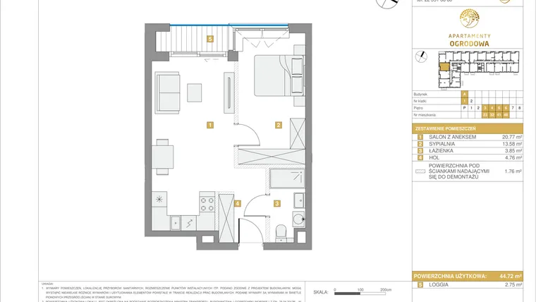 Rzut - Mieszkanie na sprzedaż 2 pokoje o powierzchni 44,72 m² - numer A.48 w Apartamenty Ogrodowa