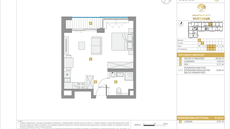Rzut - Mieszkanie na sprzedaż 1 pokój o powierzchni 37,3 m² - numer A.104 w Apartamenty Ogrodowa