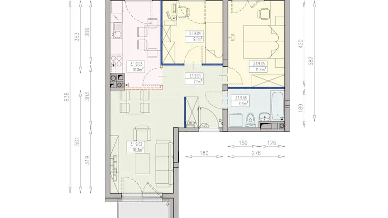 Rzut - Mieszkanie na sprzedaż 3 pokoje o powierzchni 59 m² - numer L2 3/1/9/3k w Awipolis