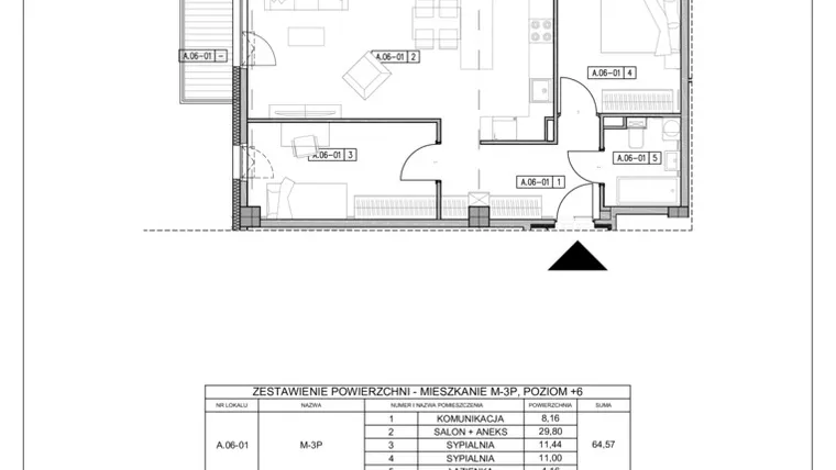 Rzut - Mieszkanie na sprzedaż 3 pokoje o powierzchni 64,57 m² - numer A6.1 w Mickiewicza 4 - Luksusowe apartamenty