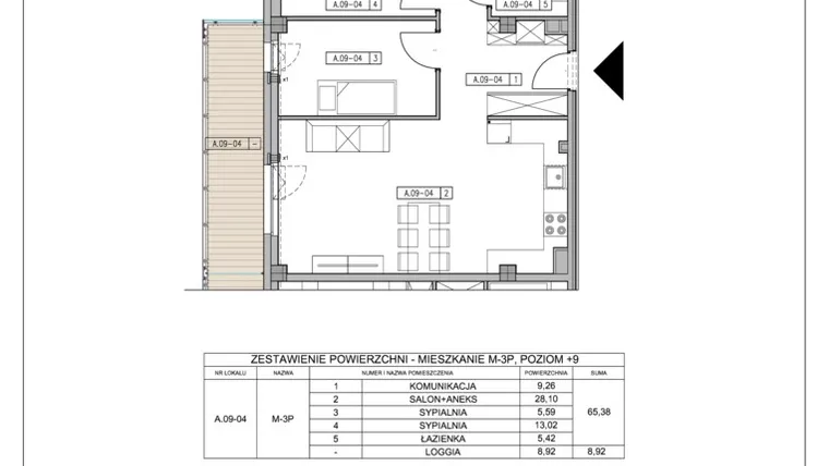 Rzut - Mieszkanie na sprzedaż 3 pokoje o powierzchni 65,38 m² - numer A9.4 w Mickiewicza 4 - Luksusowe apartamenty