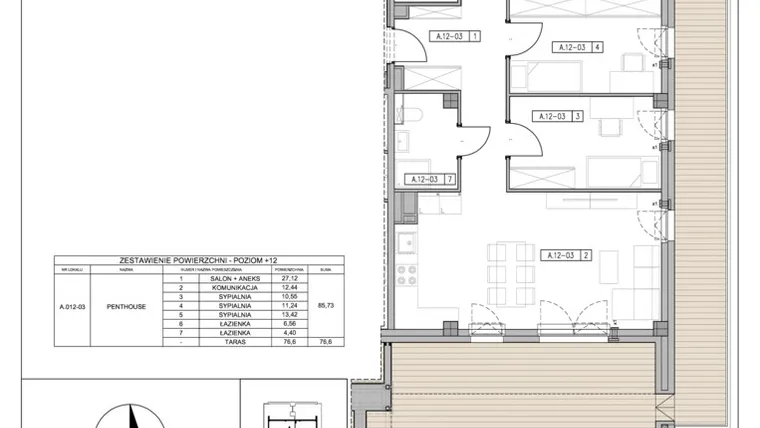 Rzut - Mieszkanie na sprzedaż 4 pokoje o powierzchni 85,73 m² - numer A12.3 w Mickiewicza 4 - Luksusowe apartamenty