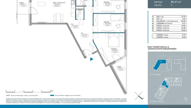 Rzut - Mieszkanie na sprzedaż 4 pokoje o powierzchni 89,47 m² - numer B0103 w Parkur Residence - etap III