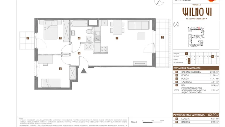 Rzut - Mieszkanie na sprzedaż 3 pokoje o powierzchni 62,99 m² - numer VI.M.155 w Osiedle Wilno
