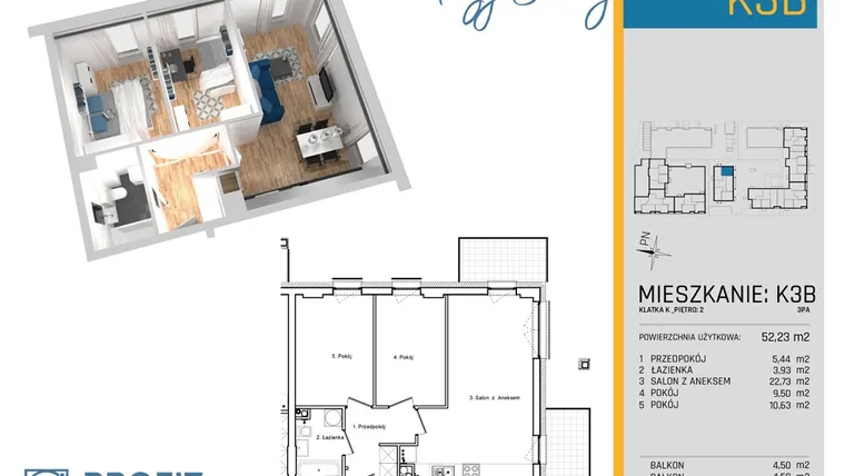 Rzut - Mieszkanie na sprzedaż 3 pokoje o powierzchni 52,23 m² - numer K3B w Przy Sarniej