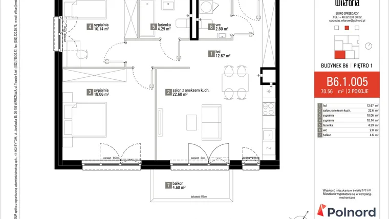 Rzut - Mieszkanie na sprzedaż 3 pokoje o powierzchni 70,29 m² - numer B6.1.005 w Wioletta i Wiktoria