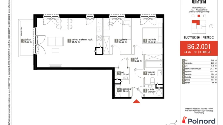 Rzut - Mieszkanie na sprzedaż 3 pokoje o powierzchni 74,48 m² - numer B6.2.001 w Wioletta i Wiktoria