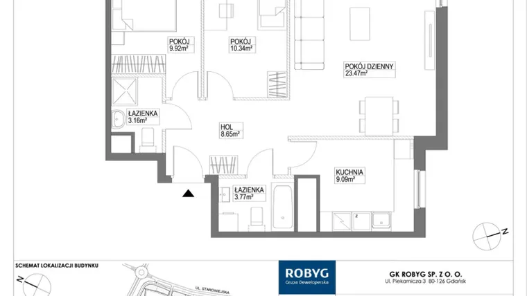 Rzut - Mieszkanie na sprzedaż 3 pokoje o powierzchni 70,45 m² - numer G1.14M10 w Nowa Letnica