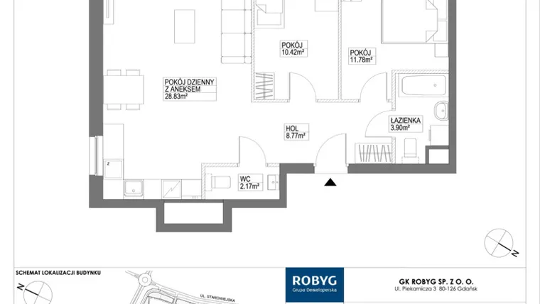 Rzut - Mieszkanie na sprzedaż 3 pokoje o powierzchni 67,64 m² - numer G1.3M03 w Nowa Letnica