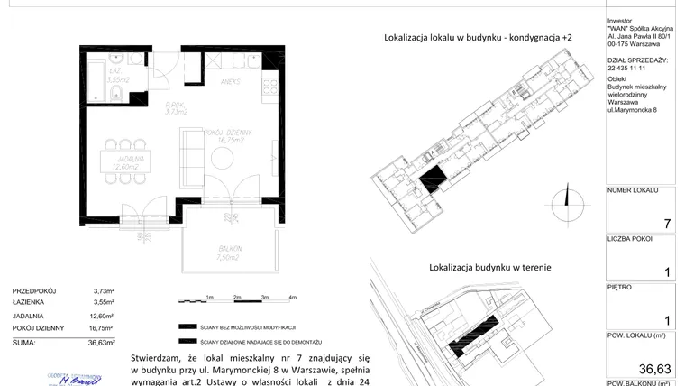 Rzut - Mieszkanie na sprzedaż 1 pokój o powierzchni 36,63 m² - numer A7 w Apartamenty Marymoncka II