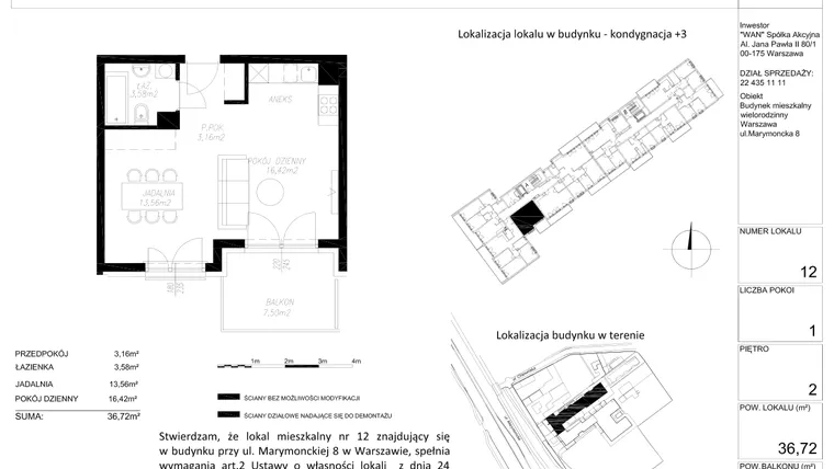 Rzut - Mieszkanie na sprzedaż 1 pokój o powierzchni 36,72 m² - numer A12 w Apartamenty Marymoncka II