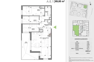 Rzut - Mieszkanie na sprzedaż 4 pokoje o powierzchni 88,41 m² - numer A.6.1 w Park Przy Stawach