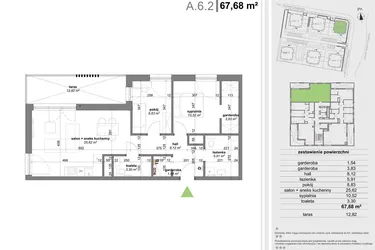 Rzut - Mieszkanie na sprzedaż 3 pokoje o powierzchni 67,11 m² - numer A.6.2 w Park Przy Stawach