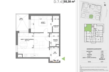 Rzut - Mieszkanie na sprzedaż 2 pokoje o powierzchni 54,95 m² - numer D.7.4 w Park Przy Stawach