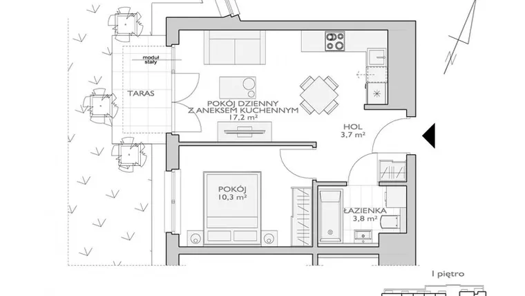 Rzut - Mieszkanie na sprzedaż 2 pokoje o powierzchni 36 m² - numer G/S/8/14 w Garnizon