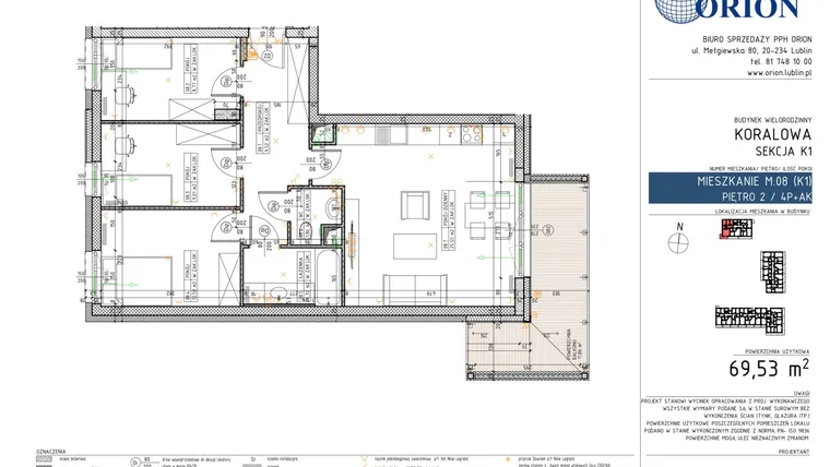 Rzut - Mieszkanie na sprzedaż 4 pokoje o powierzchni 69,53 m² - numer K1-8 w Koralowe Osiedle