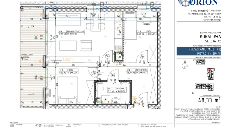 Rzut - Mieszkanie na sprzedaż 3 pokoje o powierzchni 48,33 m² - numer K2-32 w Koralowe Osiedle