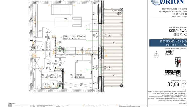 Rzut - Mieszkanie na sprzedaż 2 pokoje o powierzchni 37,88 m² - numer K2-55 w Koralowe Osiedle
