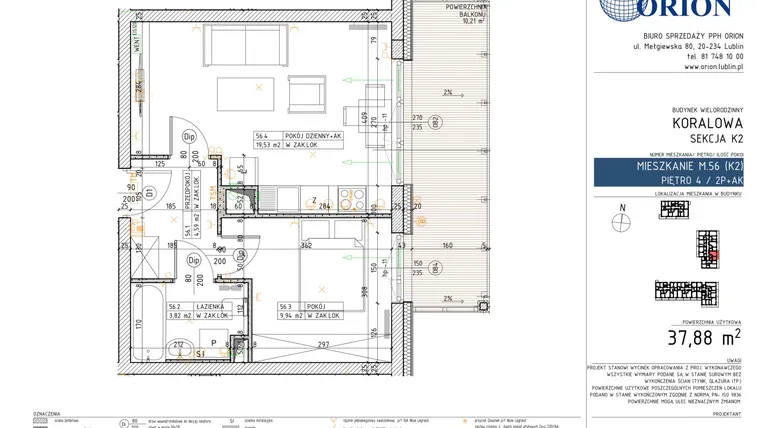 Rzut - Mieszkanie na sprzedaż 2 pokoje o powierzchni 37,88 m² - numer K2-56 w Koralowe Osiedle