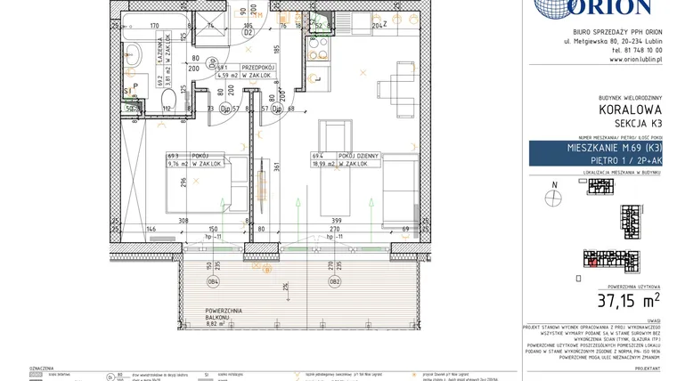 Rzut - Mieszkanie na sprzedaż 2 pokoje o powierzchni 37,15 m² - numer K3-69 w Koralowe Osiedle