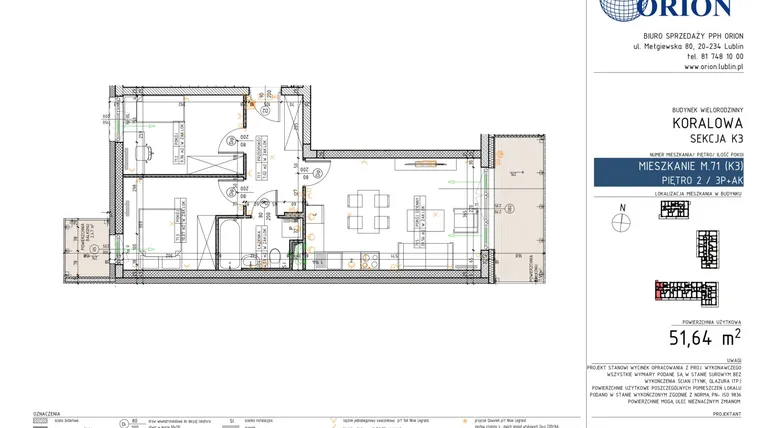 Rzut - Mieszkanie na sprzedaż 3 pokoje o powierzchni 51,64 m² - numer K3-71 w Koralowe Osiedle