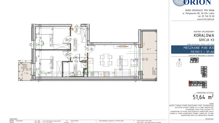 Rzut - Mieszkanie na sprzedaż 3 pokoje o powierzchni 51,64 m² - numer K3-80 w Koralowe Osiedle