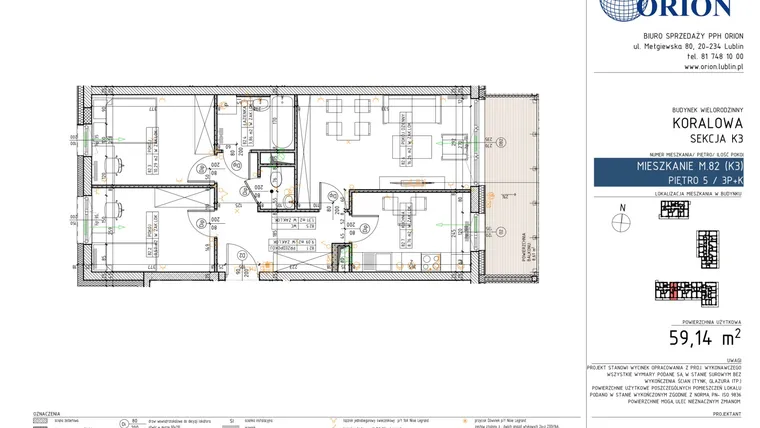 Rzut - Mieszkanie na sprzedaż 3 pokoje o powierzchni 59,14 m² - numer K3-82 w Koralowe Osiedle