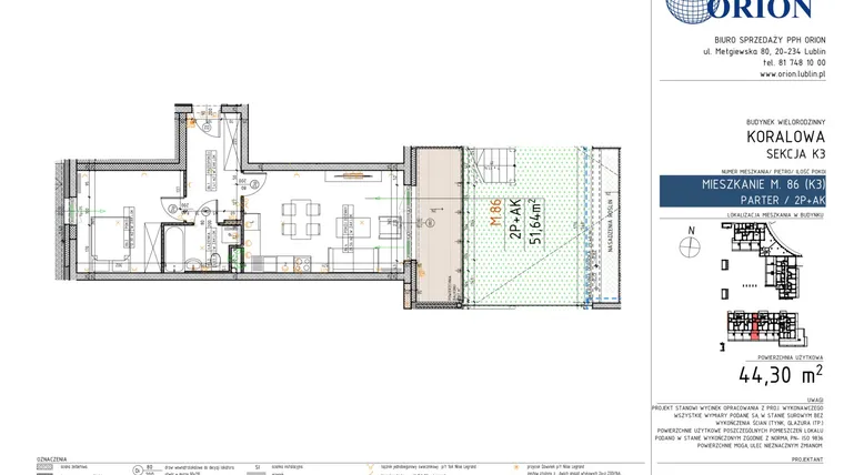 Rzut - Mieszkanie na sprzedaż 2 pokoje o powierzchni 44,29 m² - numer K3-86 w Koralowe Osiedle