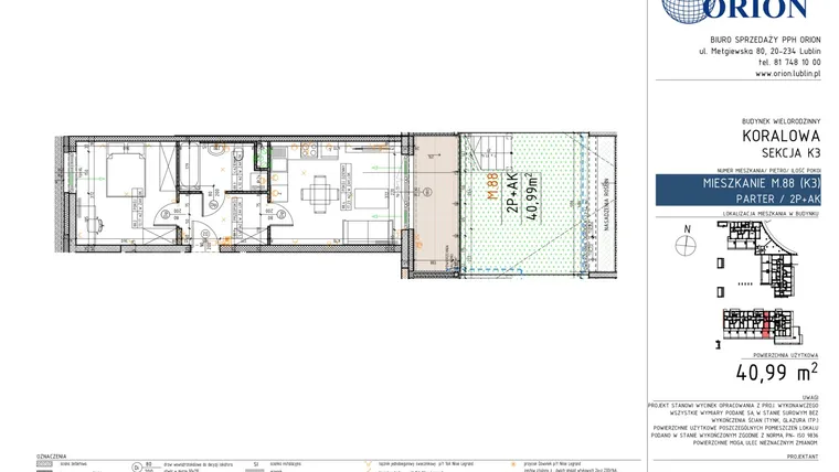 Rzut - Mieszkanie na sprzedaż 2 pokoje o powierzchni 40,99 m² - numer K3-88 w Koralowe Osiedle