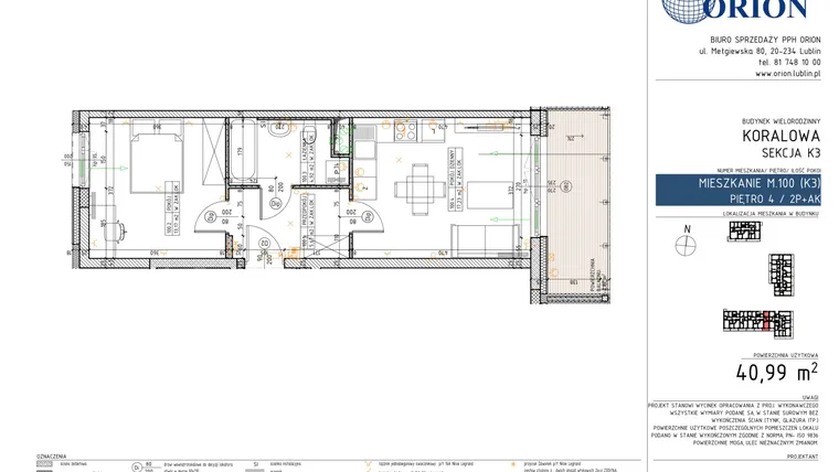 Rzut - Mieszkanie na sprzedaż 2 pokoje o powierzchni 40,99 m² - numer K3-100 w Koralowe Osiedle