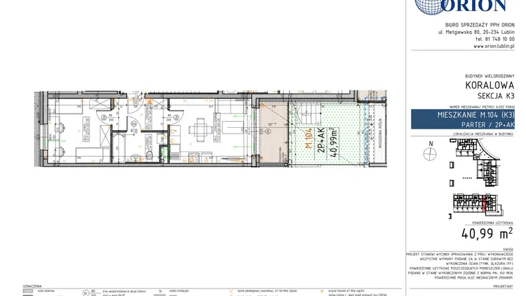Rzut - Mieszkanie na sprzedaż 2 pokoje o powierzchni 40,99 m² - numer K3-104 w Koralowe Osiedle