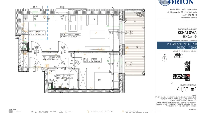 Rzut - Mieszkanie na sprzedaż 2 pokoje o powierzchni 41,53 m² - numer K3-109 w Koralowe Osiedle