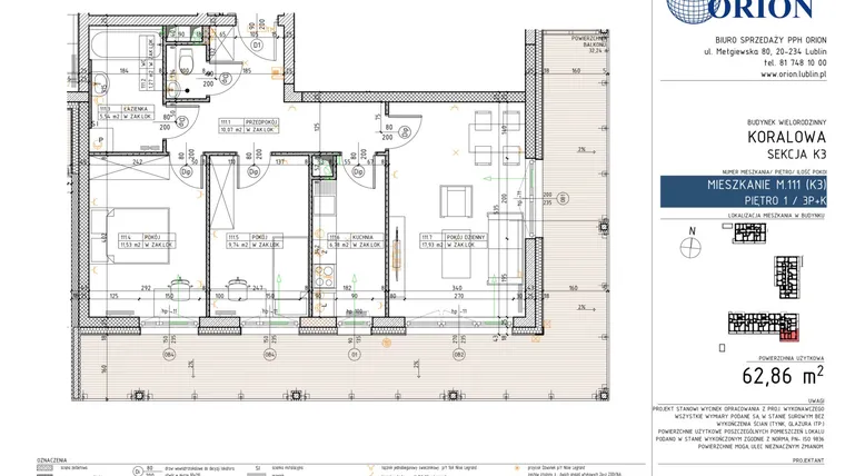 Rzut - Mieszkanie na sprzedaż 3 pokoje o powierzchni 62,86 m² - numer K3-111 w Koralowe Osiedle