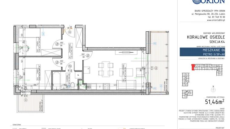 Rzut - Mieszkanie na sprzedaż 3 pokoje o powierzchni 51,46 m² - numer K4-6 w Koralowe Osiedle